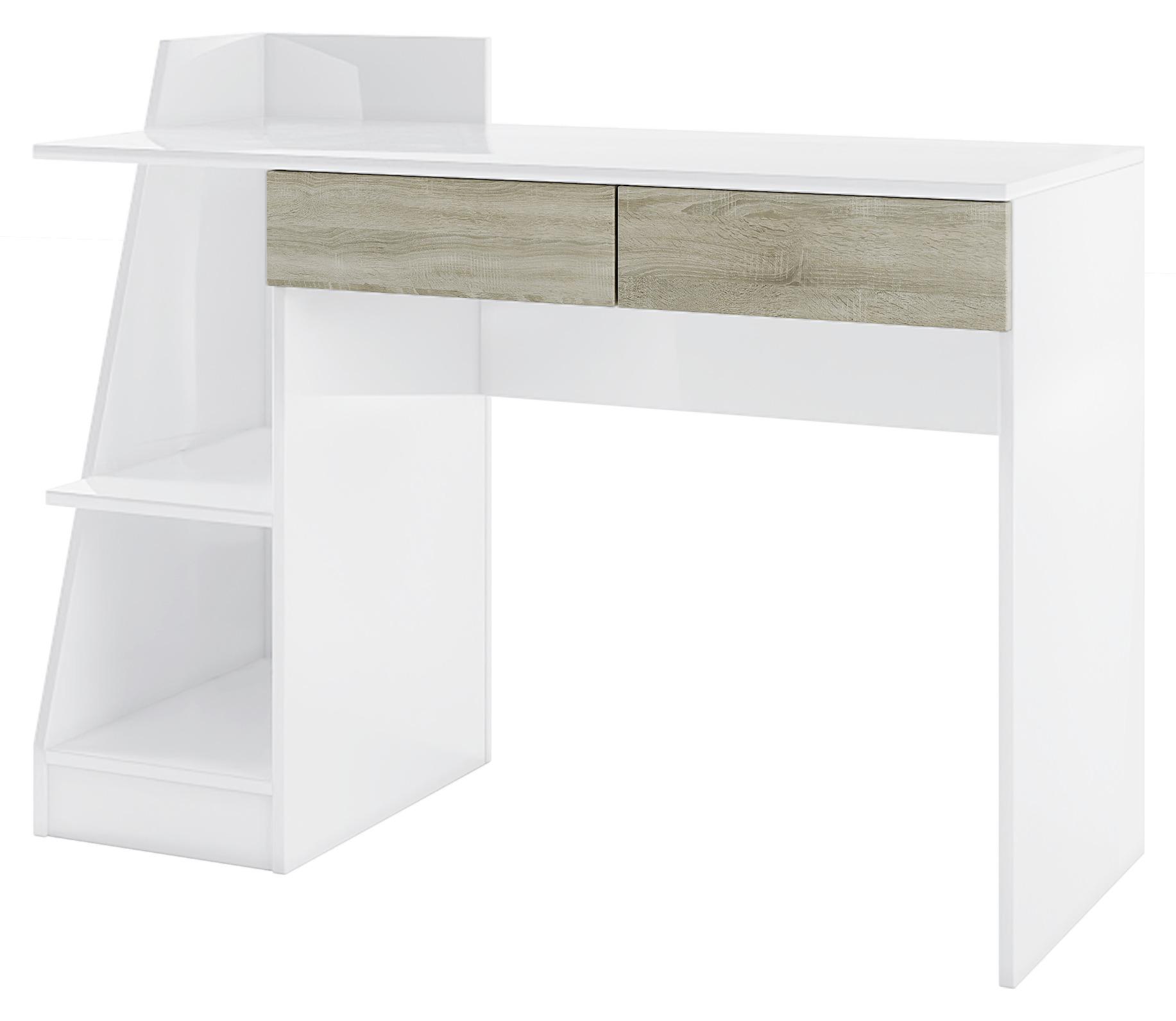 Íróasztal Smart - Tölgyfa/Magasfényű fehér, Basics, Faalapú anyag (110/85/50cm)