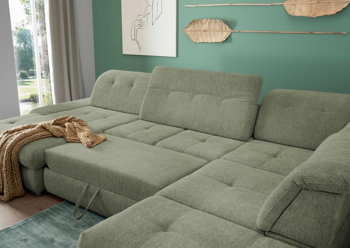 Wohnlandschaft Dalida Mit Schlaffunktion Grün Chenille - Chromfarben/Grün, Design, Textil (195/376/254cm) - Livetastic