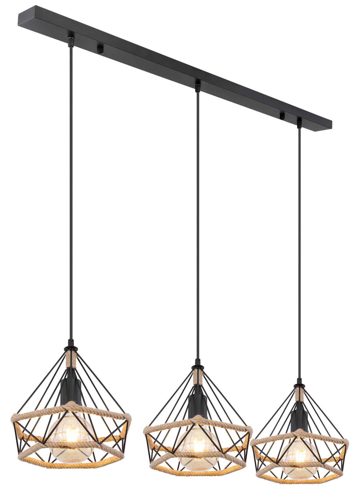 Hängeleuchte Ulleu H: 120 Cm 3-Flammig - Schwarz/Braun, Basics, Naturmaterialien/Metall (100/25/120cm) - Globo