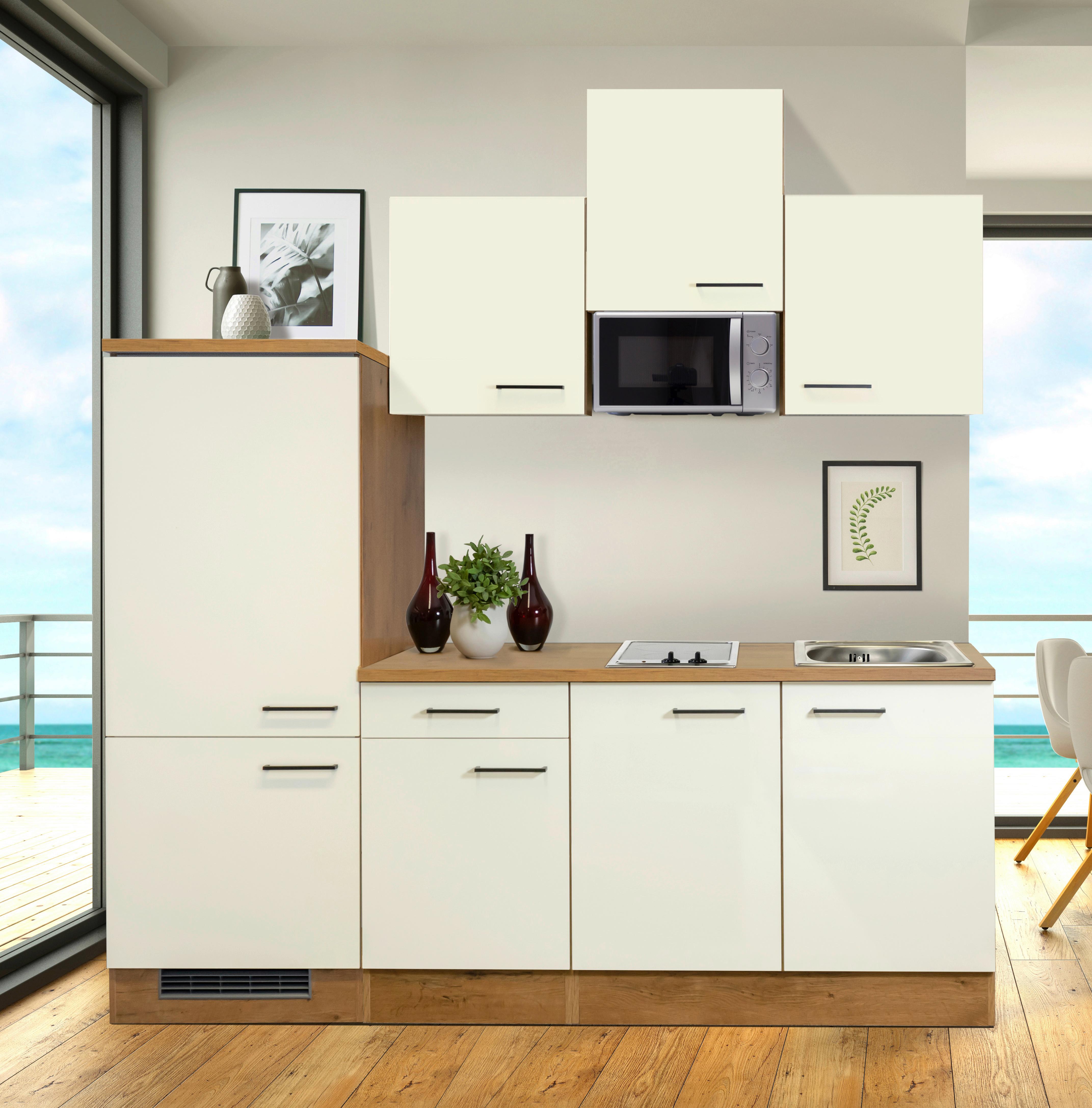 Kuchynský blok AVILA šírka 210 cm - čierna/magnóliová, Modern, kov/kompozitné drevo (210cm) - FlexWell