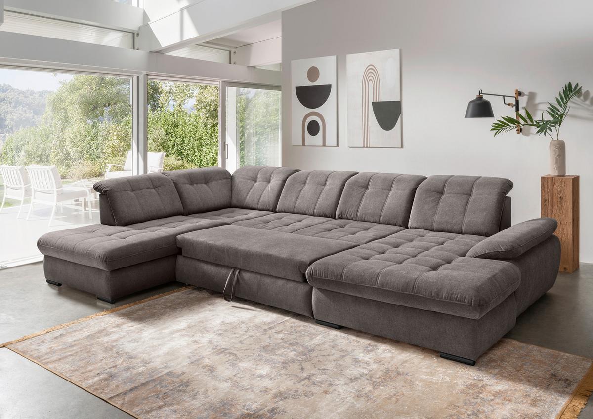 Wohnlandschaft Mit Bettkasten Rigatti Graubraun B: 387 Cm - Graubraun/Schwarz, MODERN, Textil (252/387/184cm) - Livetastic