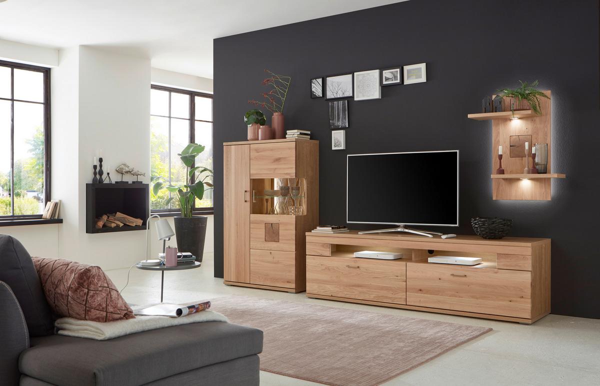 Wohnwand Kansas - Alteiche/Silberfarben, KONVENTIONELL, Glas/Holz (317,1/171/50,2cm) - Livetastic