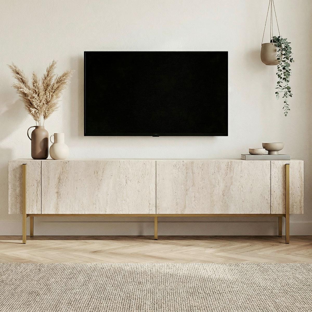 TV-ELEMENT Travertine/Gold B: 180cm - Elfenbein/Goldfarben, MODERN, Holzwerkstoff (180/45/30cm)