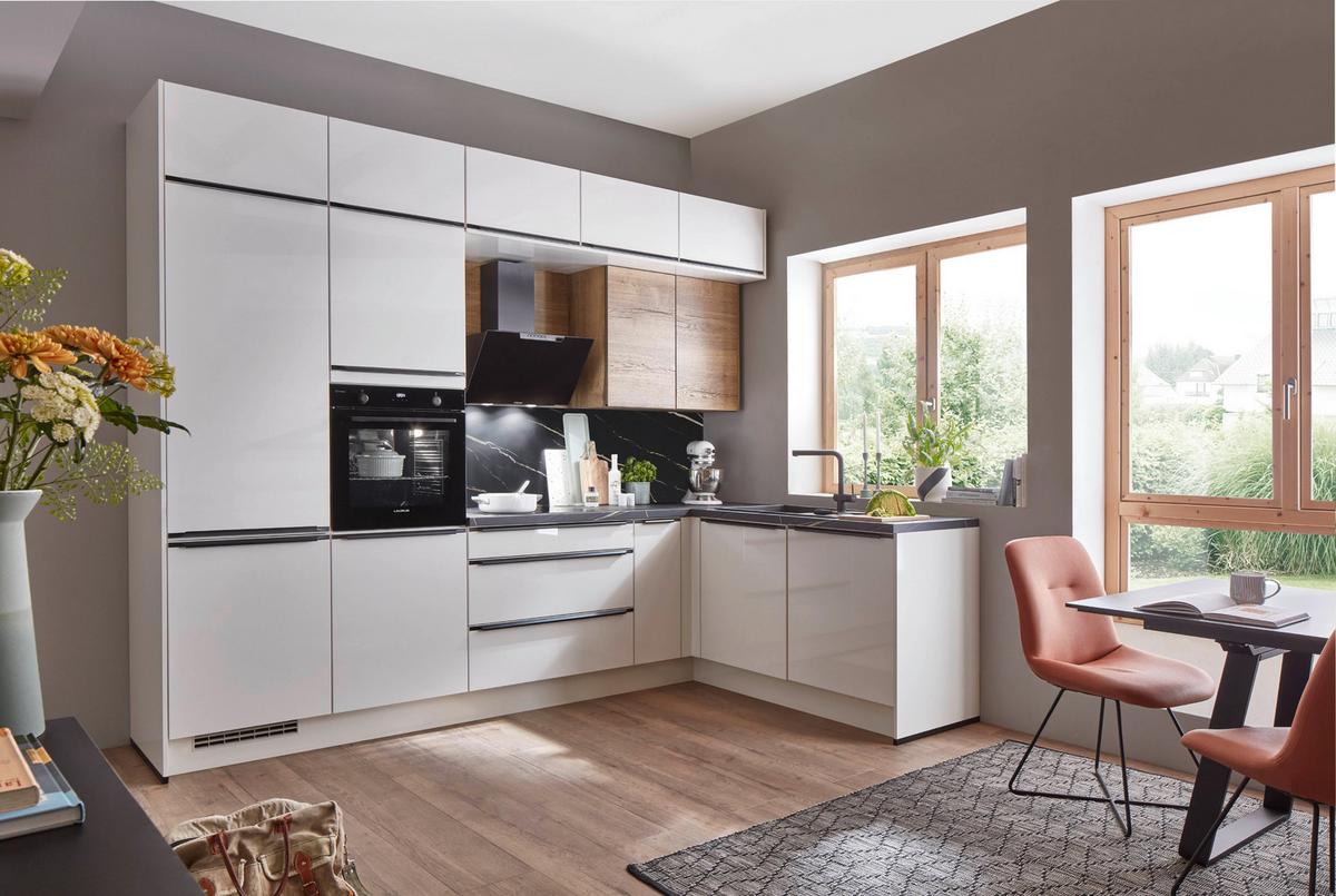 Eckküche Florenz/Singapur - Weiß Hochglanz/Eichefarben, Basics, Holzwerkstoff (307/187cm) - Vertico