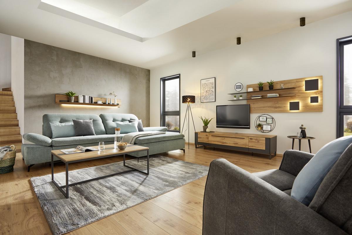 NÁSTĚNNÁ POLICE SKAGEN - černá/barvy dubu, Moderní, kov/kompozitní dřevo (197/27/22cm) - Premium Living