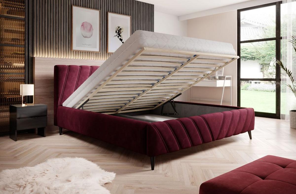 Postel Melli s roštem a úložným prostorem 160x200cm - bordeaux/černá, Design, dřevo/textil (160/200cm)