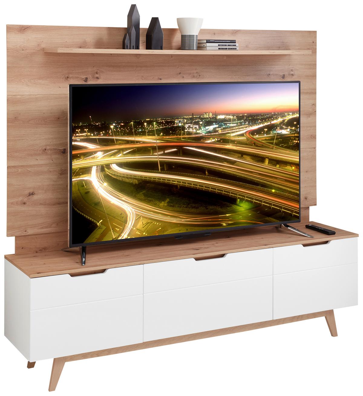Wohnwand Media-L Weiß/Eiche Dekor - Eichefarben/Eiche Artisan, Design, Holzwerkstoff (200/180/42cm) - Livetastic