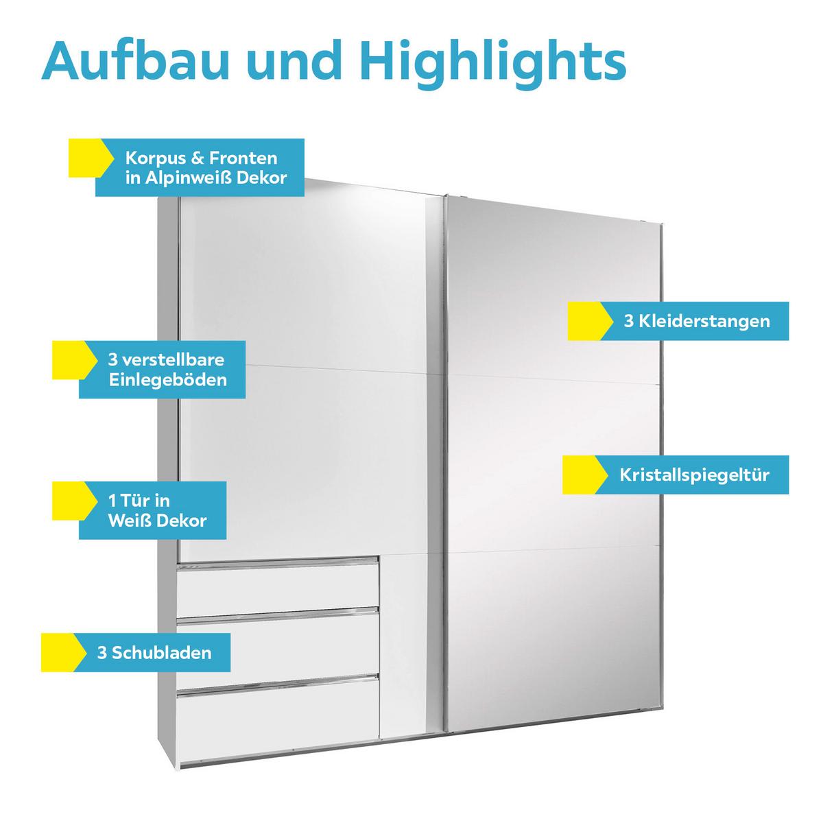 Schwebetürenschrank mit Spiegel 250cm Level 36a, Weiß Dekor - Weiß, MODERN, Glas/Holzwerkstoff (250/216/65cm) - MID.YOU