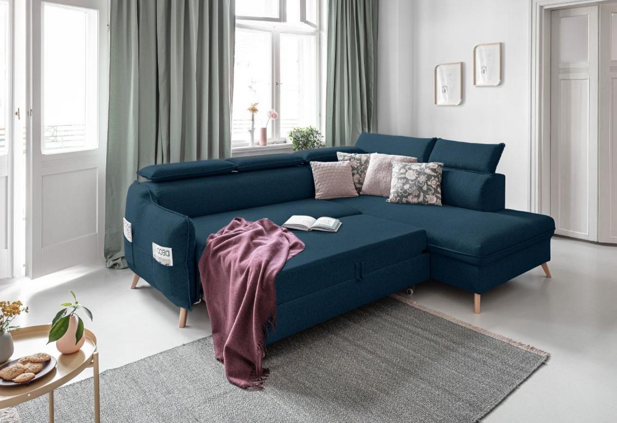 Rozkládací sedačka Simone, pravé provedení - přírodní barvy/tmavě modrá, Moderní, dřevo/textil (253/82/95/208cm)