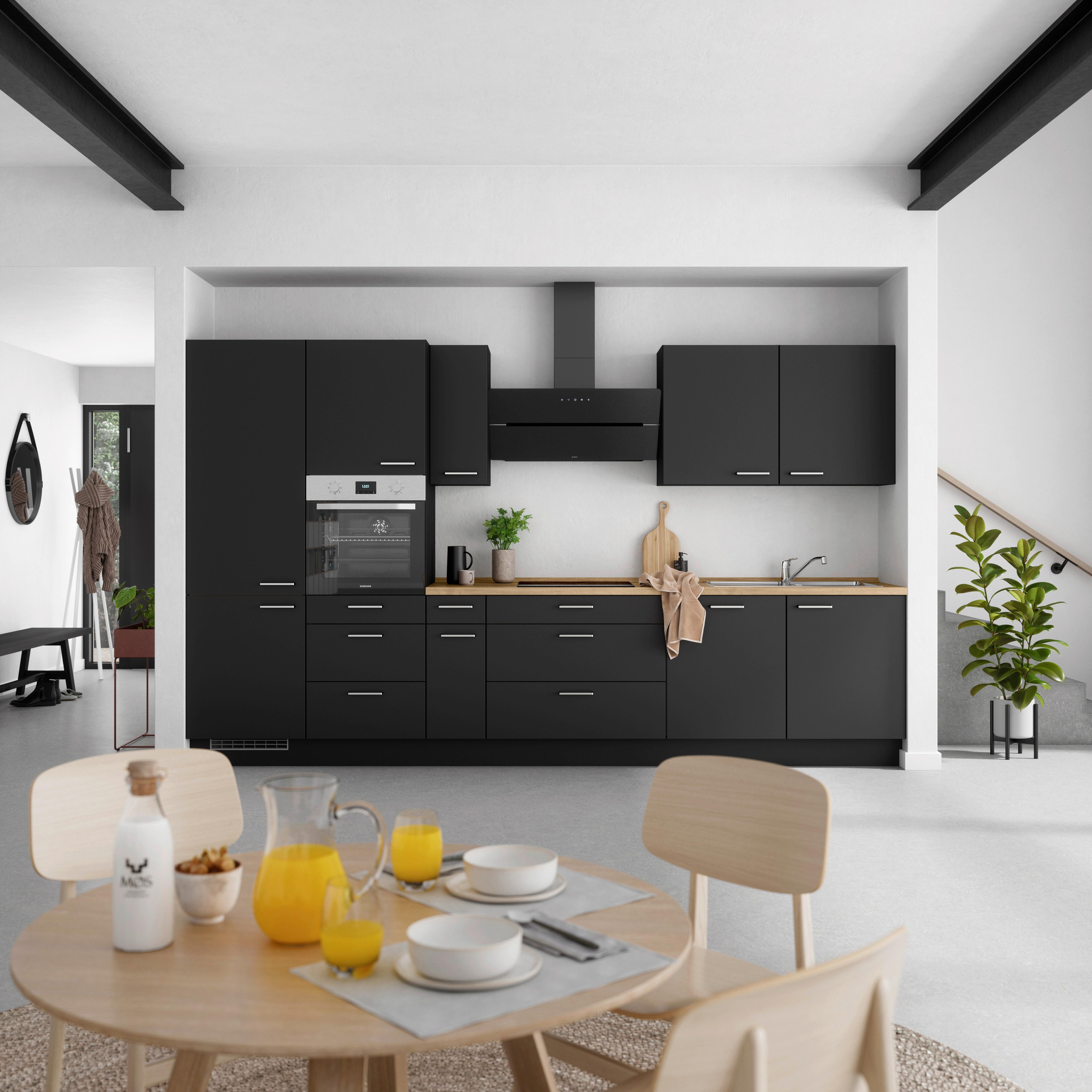 Kuchyňská linka 360 cm, černá matná/ barva dub - černá/barvy dubu, Moderní, kov/kompozitní dřevo (360cm) - Nobilia
