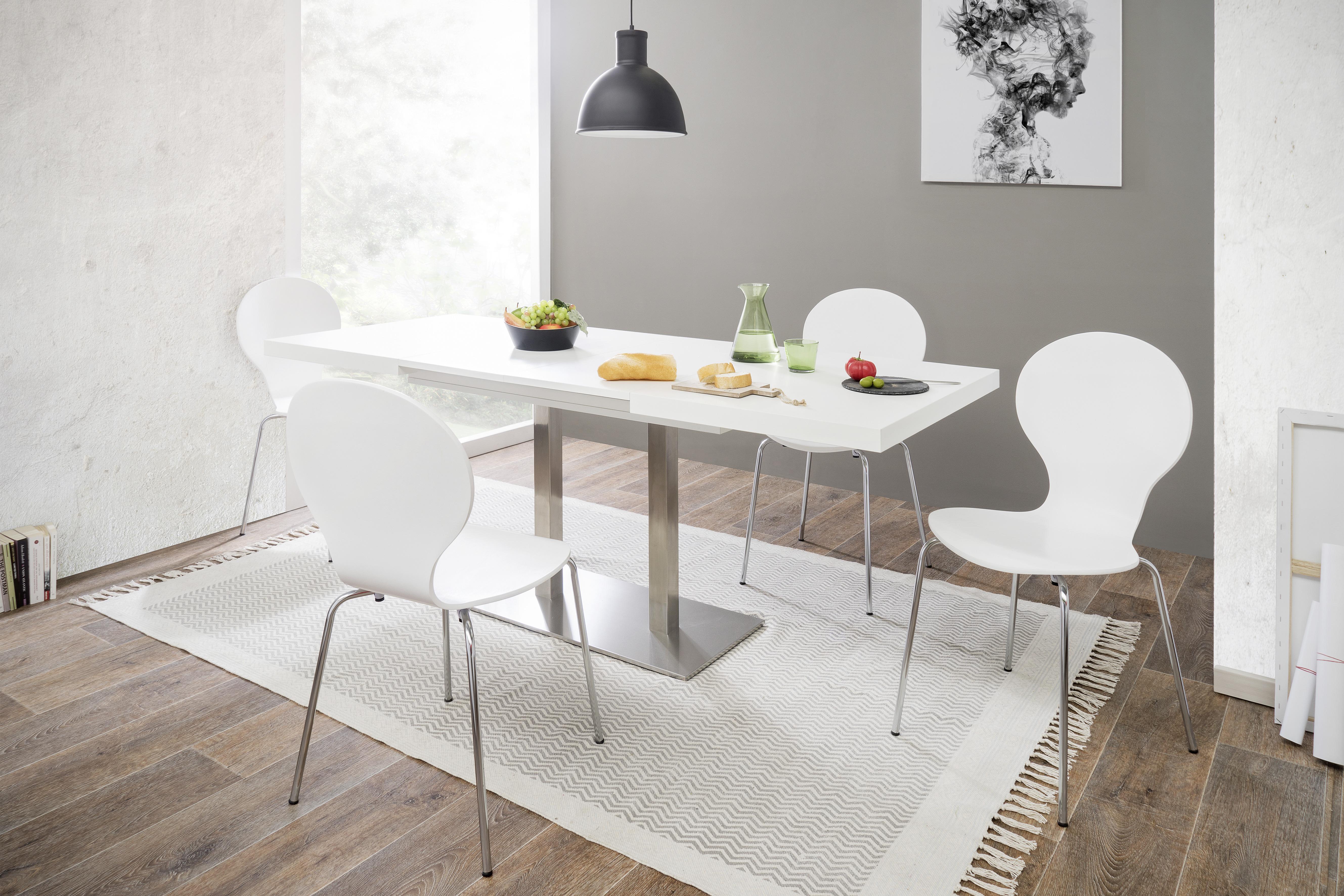 Esstisch ausziehbar Quadrato LxB: 120x80 cm Weiß - Edelstahlfarben/Weiß, KONVENTIONELL, Holzwerkstoff/Metall (120/80/74cm) - MID.YOU