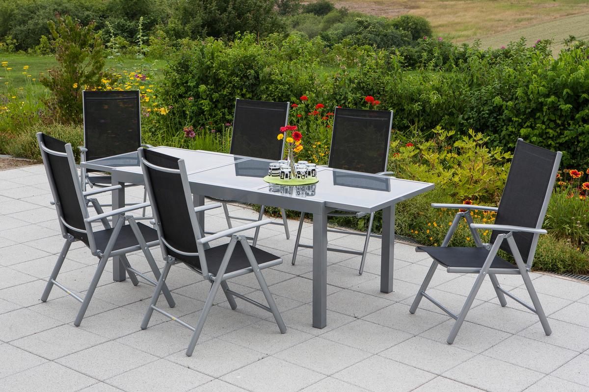 Gartengarnitur 7-Tlg Amalfi aus Aluminium - Silberfarben/Schwarz, MODERN, Textil/Metall - Gardenson