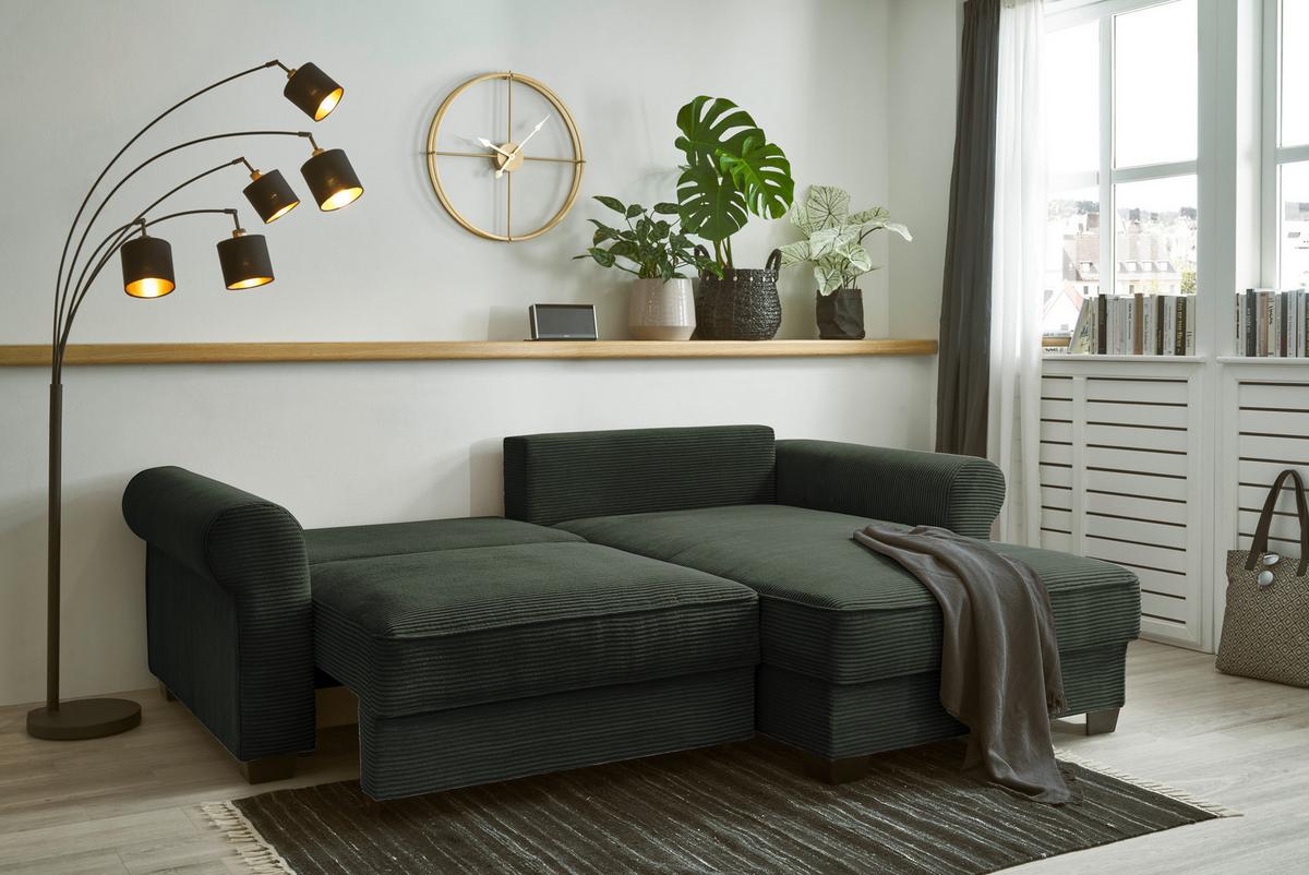 Ecksofa mit Schlaffunktion Angelina Dunkelgrün Kord - Dunkelgrün/Schwarz, Basics, Textil (255/92/185cm) - MID.YOU