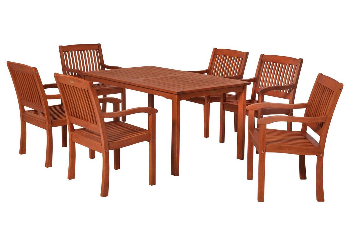 Gartentischgruppe Maracaibo 7 -Teilig. Naturfarben - Eukalyptusholzfarben, KONVENTIONELL, Holz - Gardenson