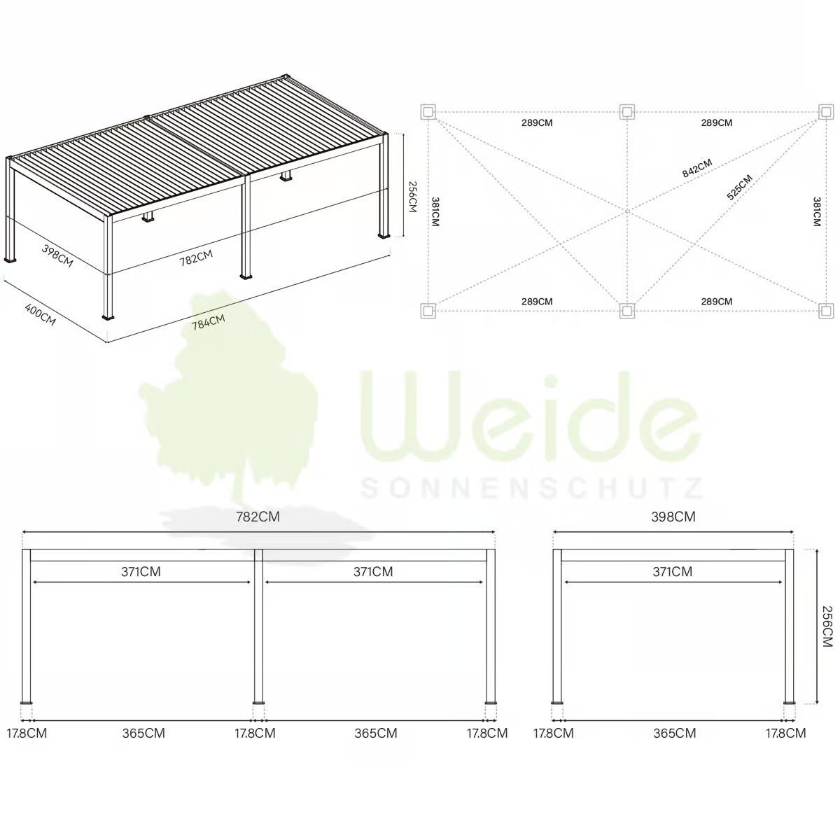 Pergola Deluxe Plus 800x400cm Wetterfest, Gartenpavillon - Weiß, Basics, Metall (800/255/400cm) - WEIDE