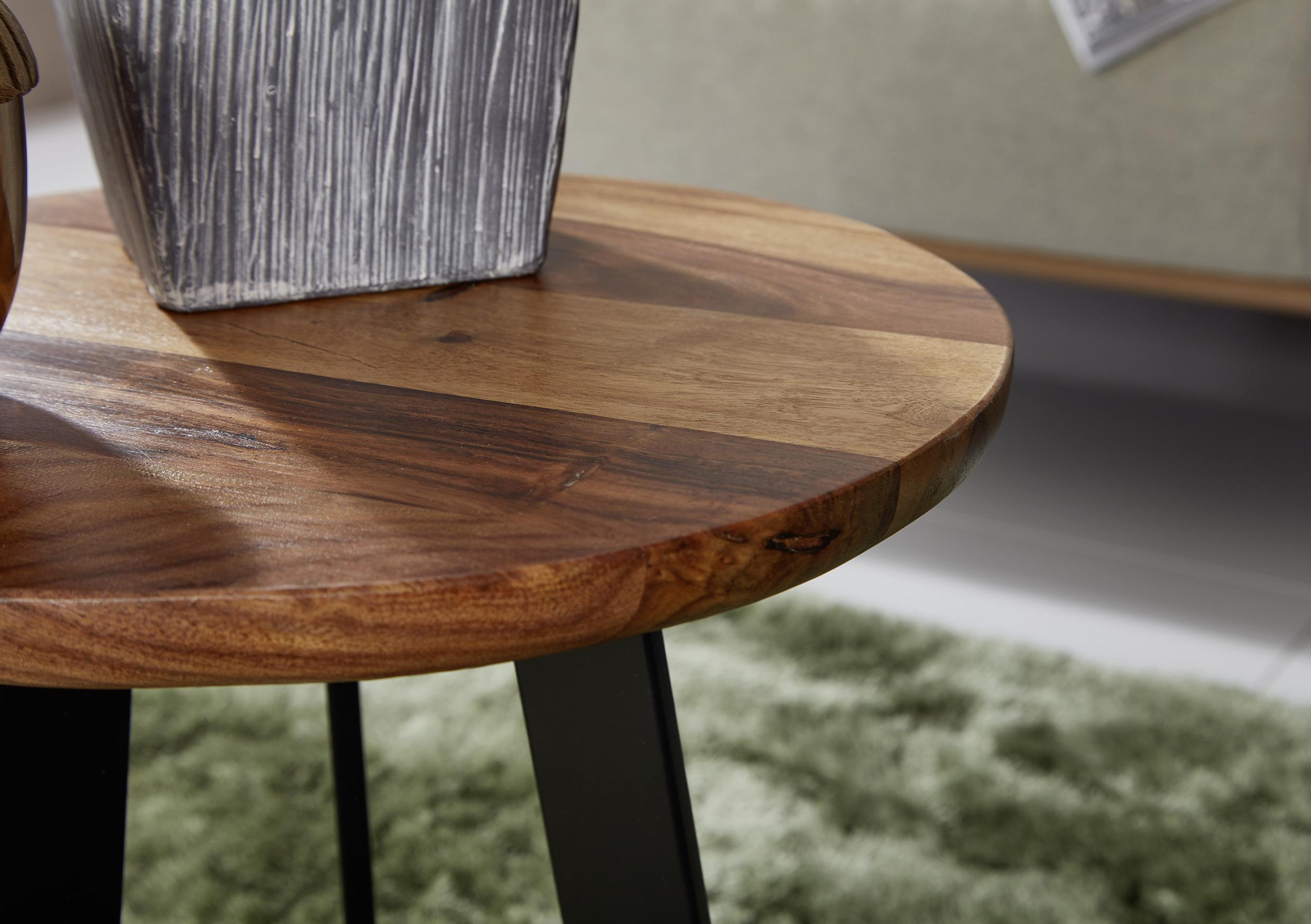 Beistelltisch Rund mit Sheeshamholz und Beinen aus Eisen Detail