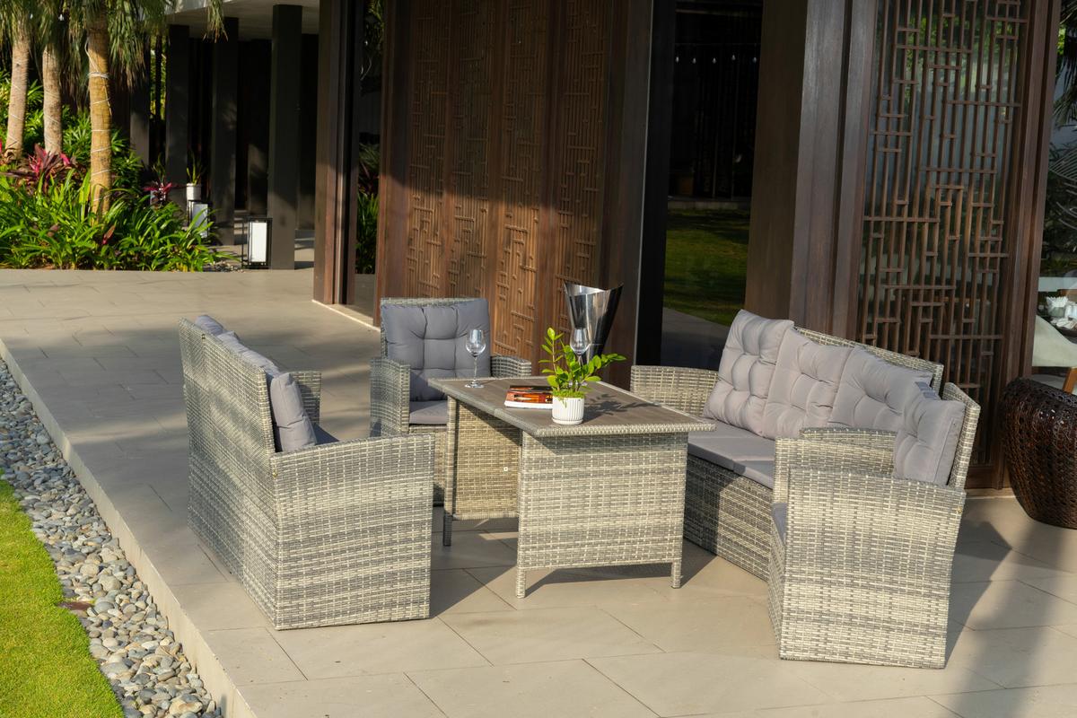 Loungegarnitur 5-tlg. Hadwin, Kunststoffgeflecht Mit Kissen - Dunkelgrau/Grau, MODERN, Holzwerkstoff/Kunststoff (120/70/66cm) - Luca Bessoni