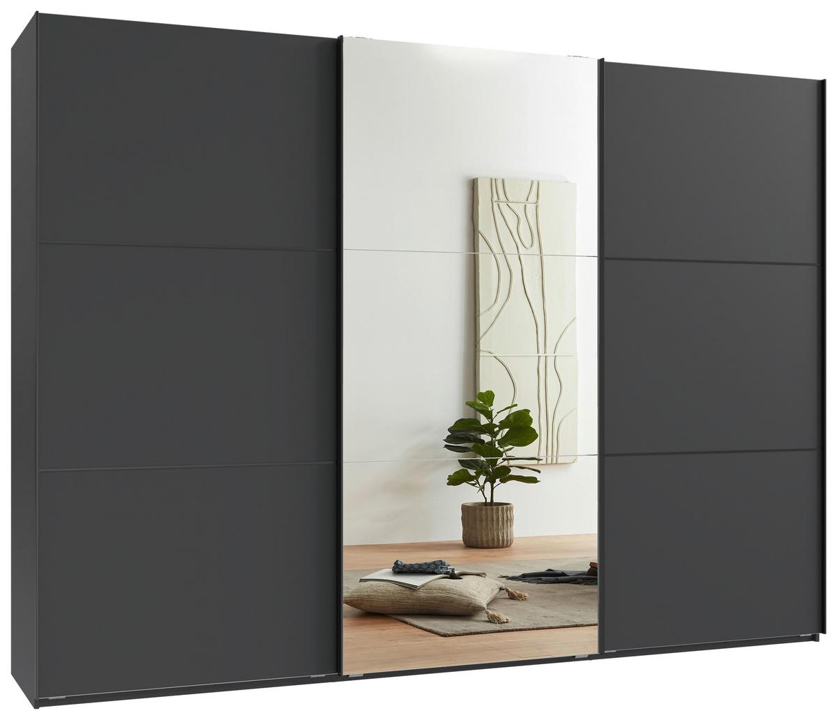 Schwebetürenschrank Indian A Grafit Dekor/Spiegel, B: 300cm - Graphitfarben, KONVENTIONELL, Glas/Holzwerkstoff (300/216/65cm)