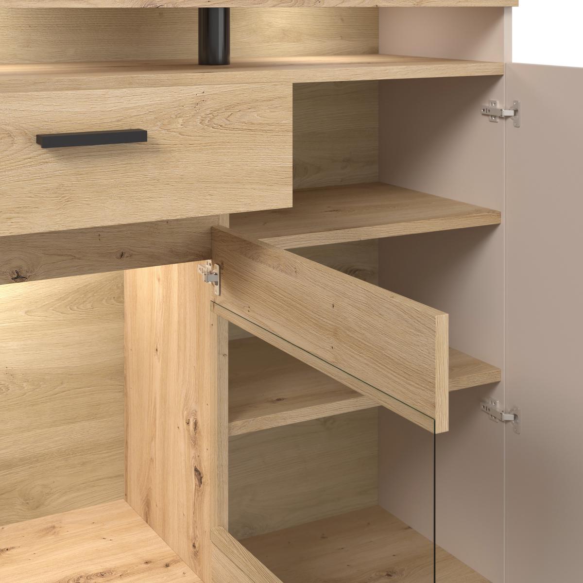 Highboard Strada Giga Eiche Artisan/Kashmir, B:151cm - Kaschmir/Schwarz, Trend, Glas/Holzwerkstoff (151/129/37cm)