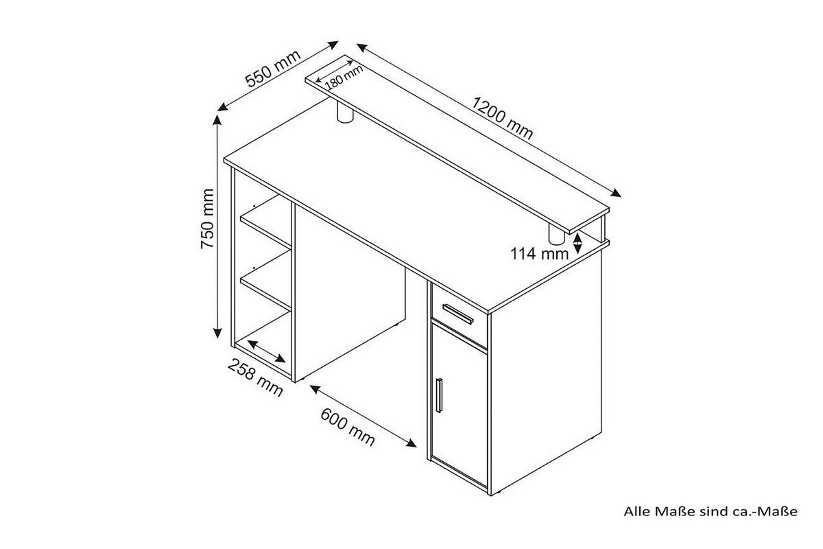 Schreibtisch B 55cm H 88 cm Diego Weiß/Anthrazit - Anthrazit/Weiß, LIFESTYLE, Holzwerkstoff (120/55/88cm) - MID.YOU