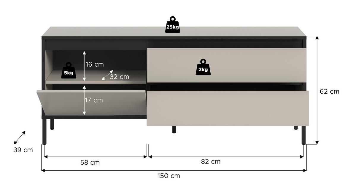 Lowboard Tron Kaschmir B: 150 Cm - Kaschmir/Schwarz, Design, Holzwerkstoff (150/62/38cm) - Livetastic