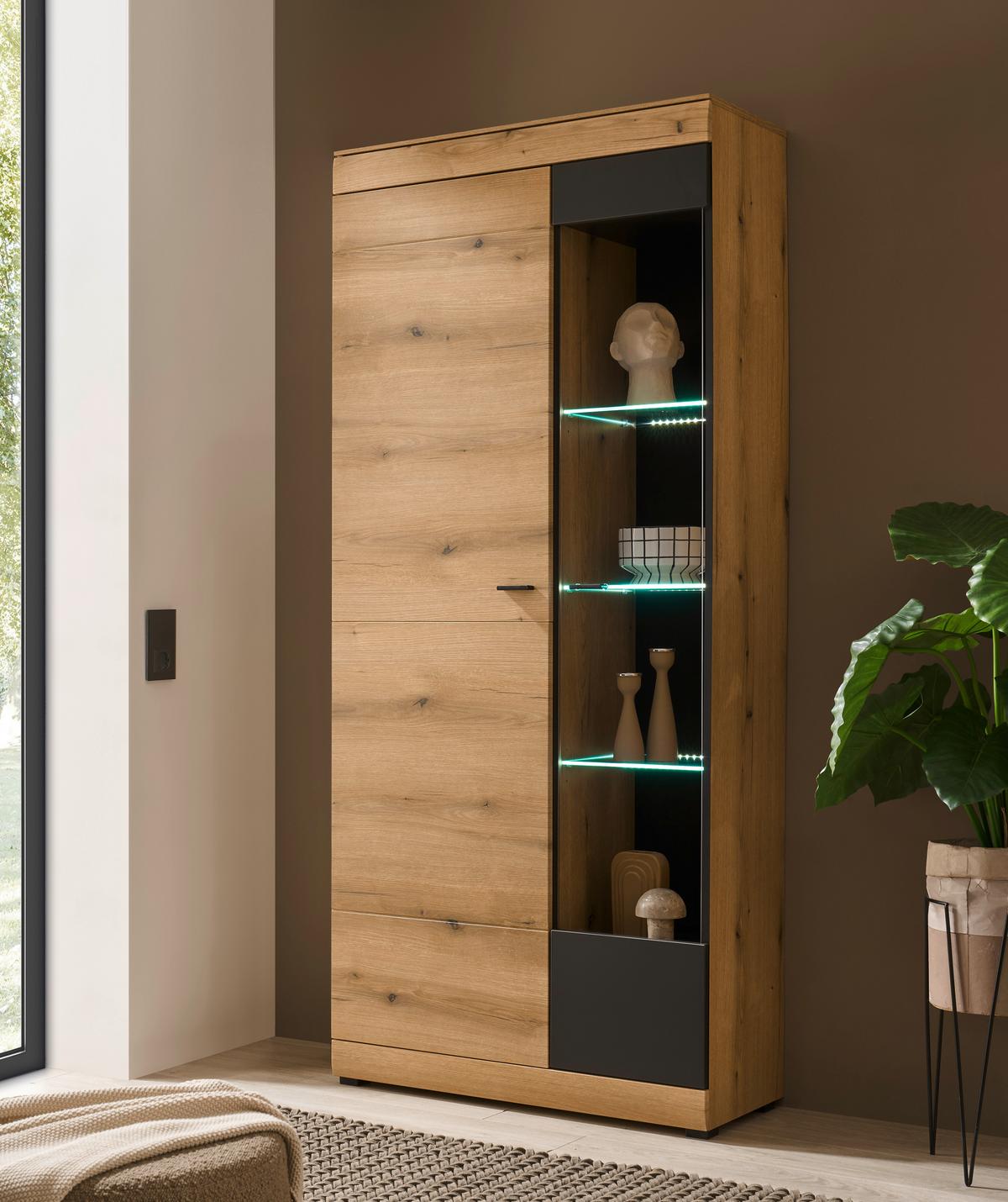 Vitrine Soleto Graphit-/Eichefarben B: 90cm - Eichefarben/Schwarz, Design, Holzwerkstoff (90/201/35cm) - MID.YOU