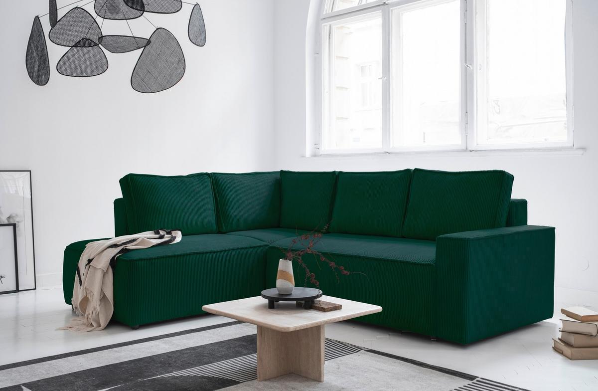 Sedačka OLIVER, levá, tmavě zelená barva - černá/tmavě zelená, Design, textil/plast (194/247cm) - MID.YOU
