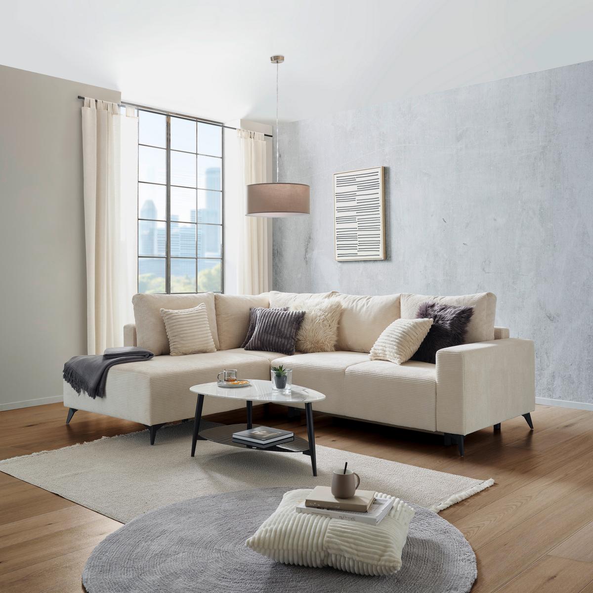 Ecksofa mit Schlaffunktion Viktor Creme Cord 212x270 cm - Creme/Schwarz, MODERN, Textil (212/270cm)