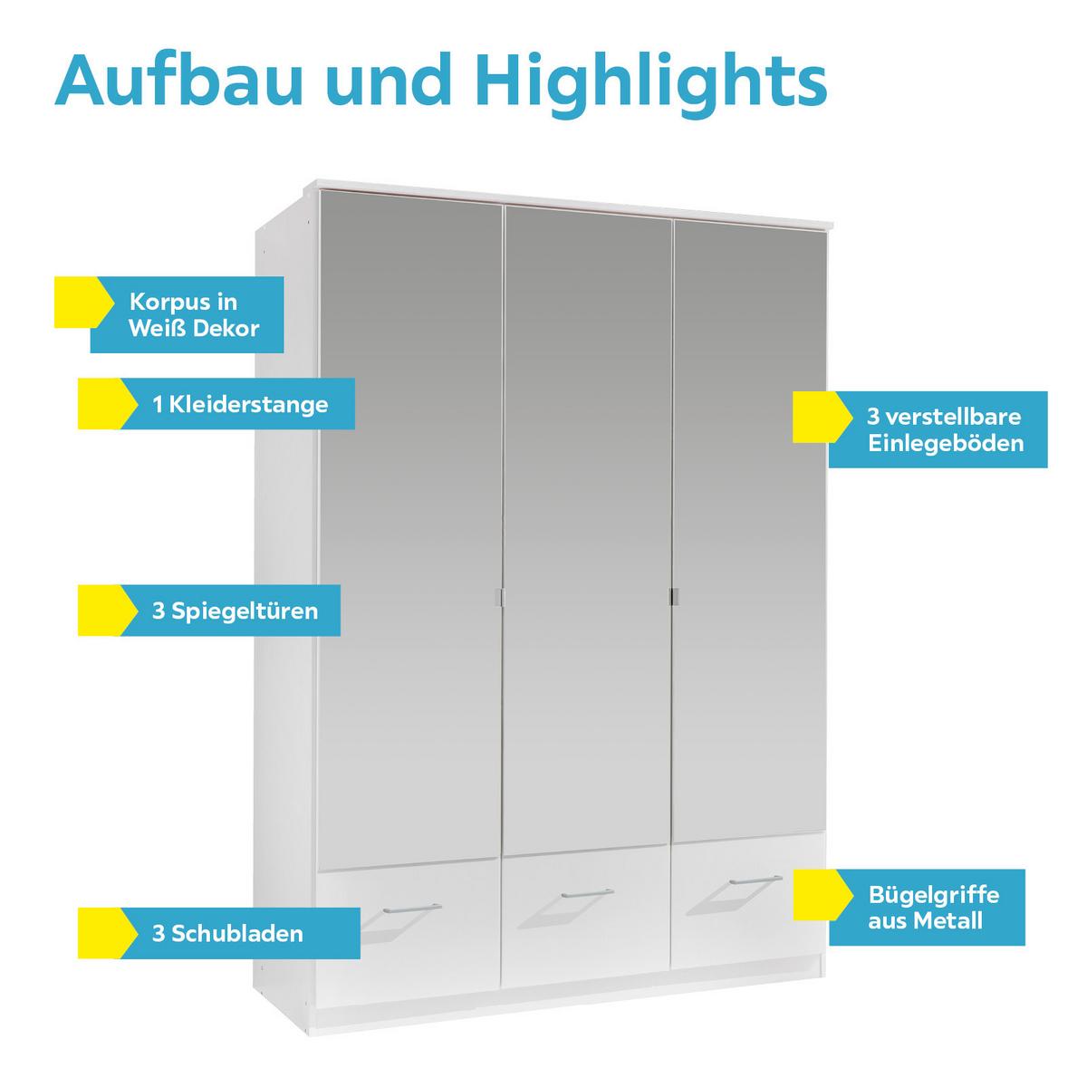 Drehtürenschrank Mit Spiegel 135cm Imago, Weiß Dekor - Weiß, KONVENTIONELL, Glas/Holzwerkstoff (135/199/58cm) - MID.YOU