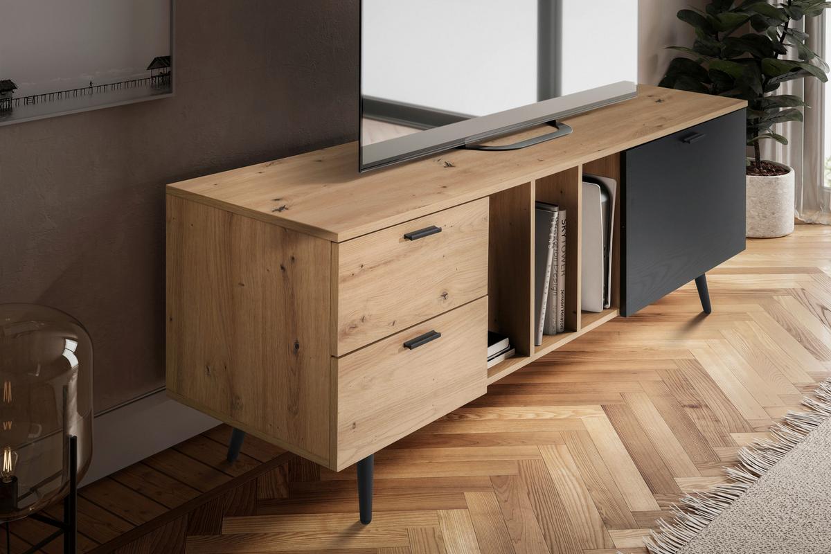 Nízka komoda černá/dekor dub - černá/barvy dubu, Design, kov/kompozitní dřevo (150/55/40cm) - Livetastic