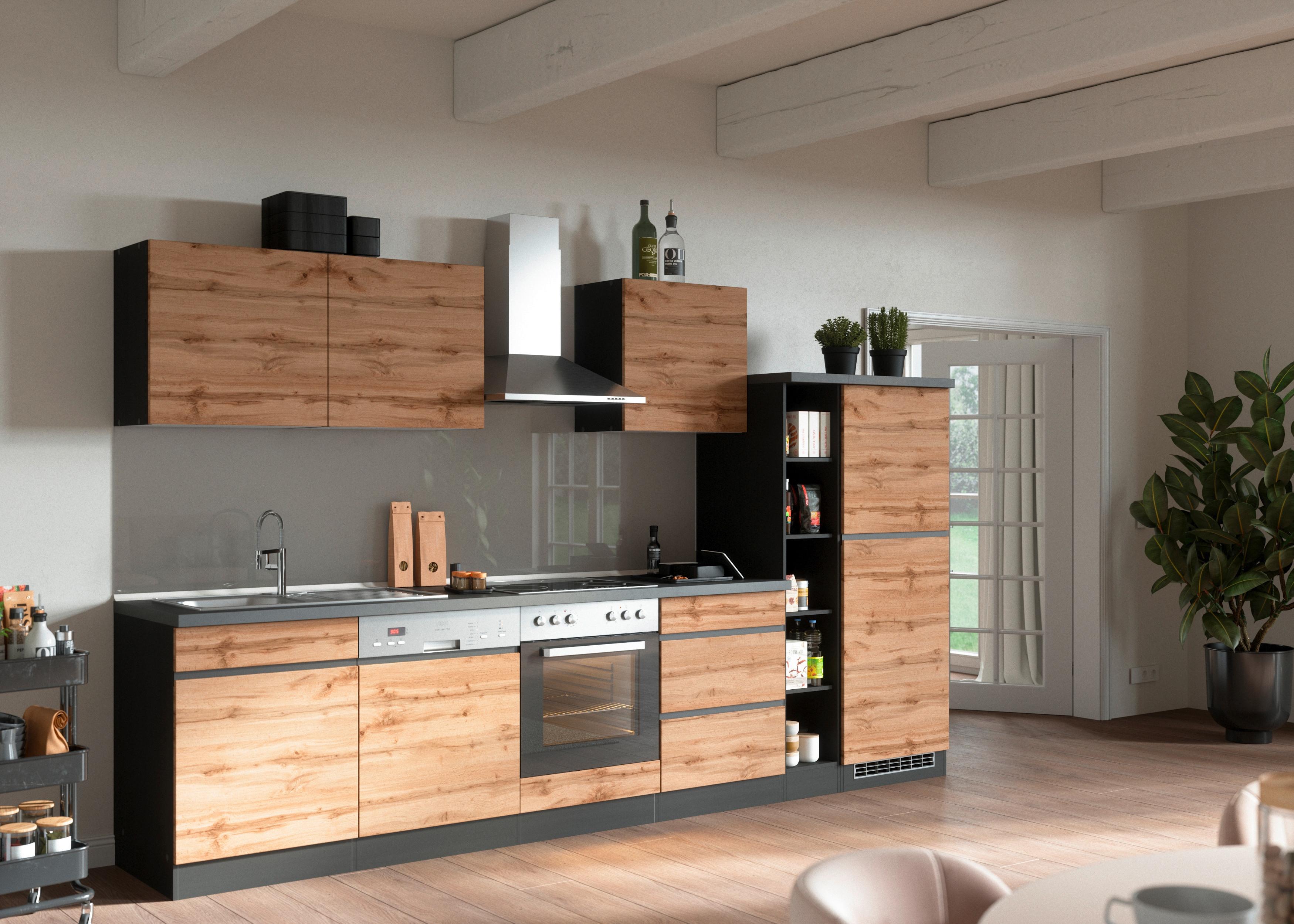 Küchenzeile Turin ohne Geräte B: 330 cm Graphit/Eiche Dekor - Eiche Wotan/Graphitfarben, Design, Holzwerkstoff (330cm) - Held