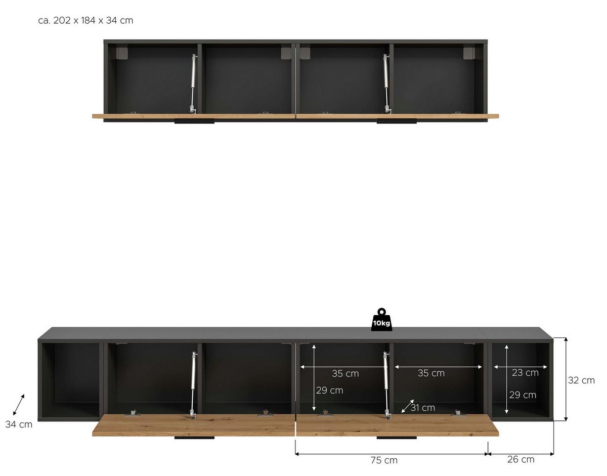 Wohnwand, The One 8, B: 150 cm Artisan Eiche Dekor/Grau - Schwarz/Eiche Artisan, Trend, Holzwerkstoff (150/92/34cm)