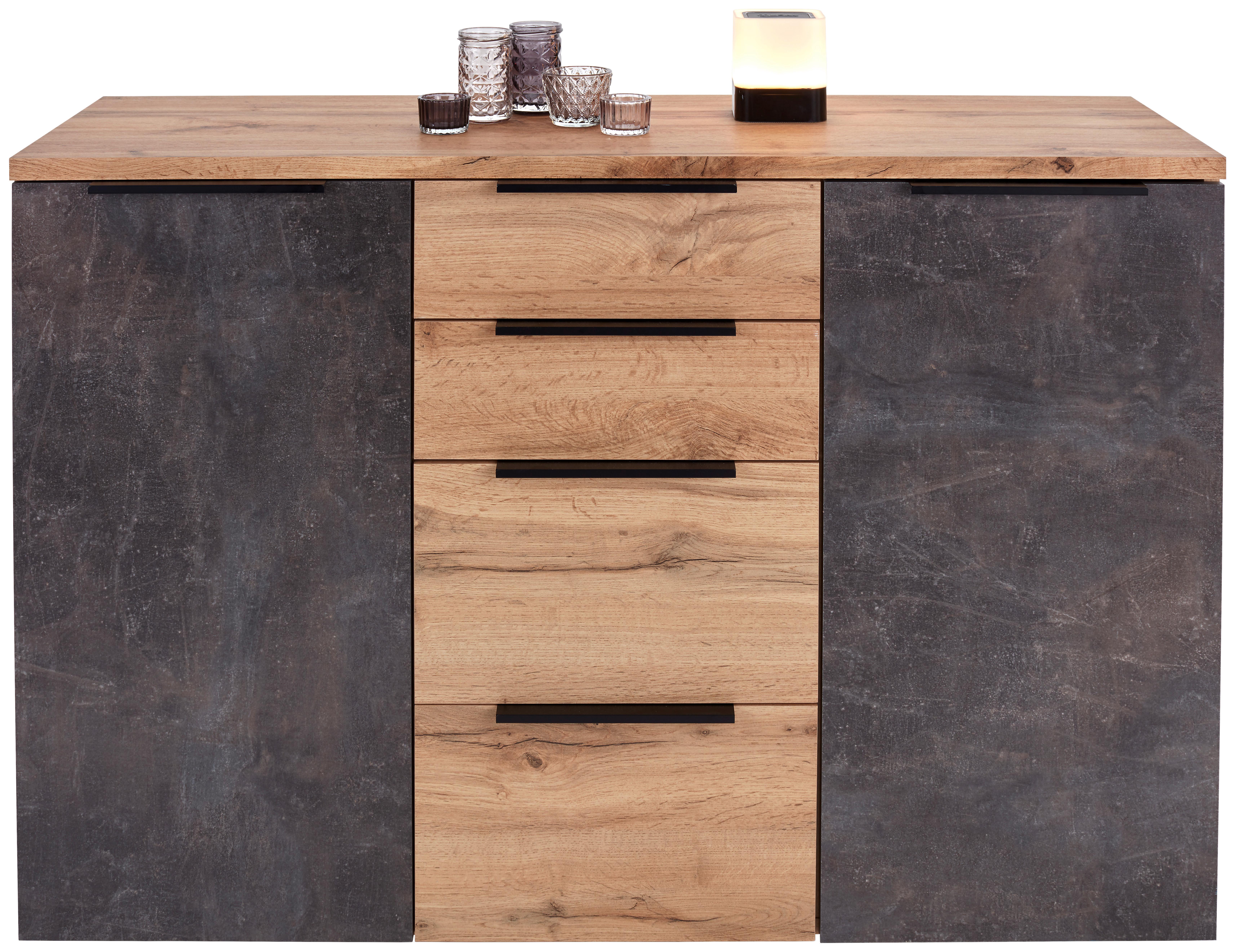 Kommode B 120cm Kai 2, Wotan Eiche Dekor/Beton Optik - Eichefarben/Alufarben, MODERN, Holzwerkstoff (120/80/39cm)