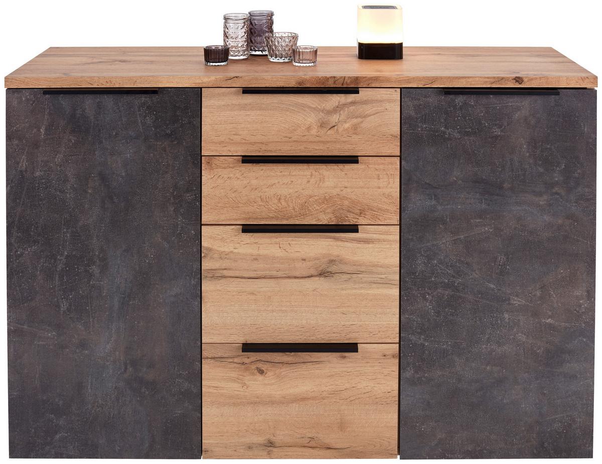 Kommode B 120cm Kai 2, Wotan Eiche Dekor/Beton Optik - Eichefarben/Alufarben, MODERN, Holzwerkstoff (120/80/39cm)