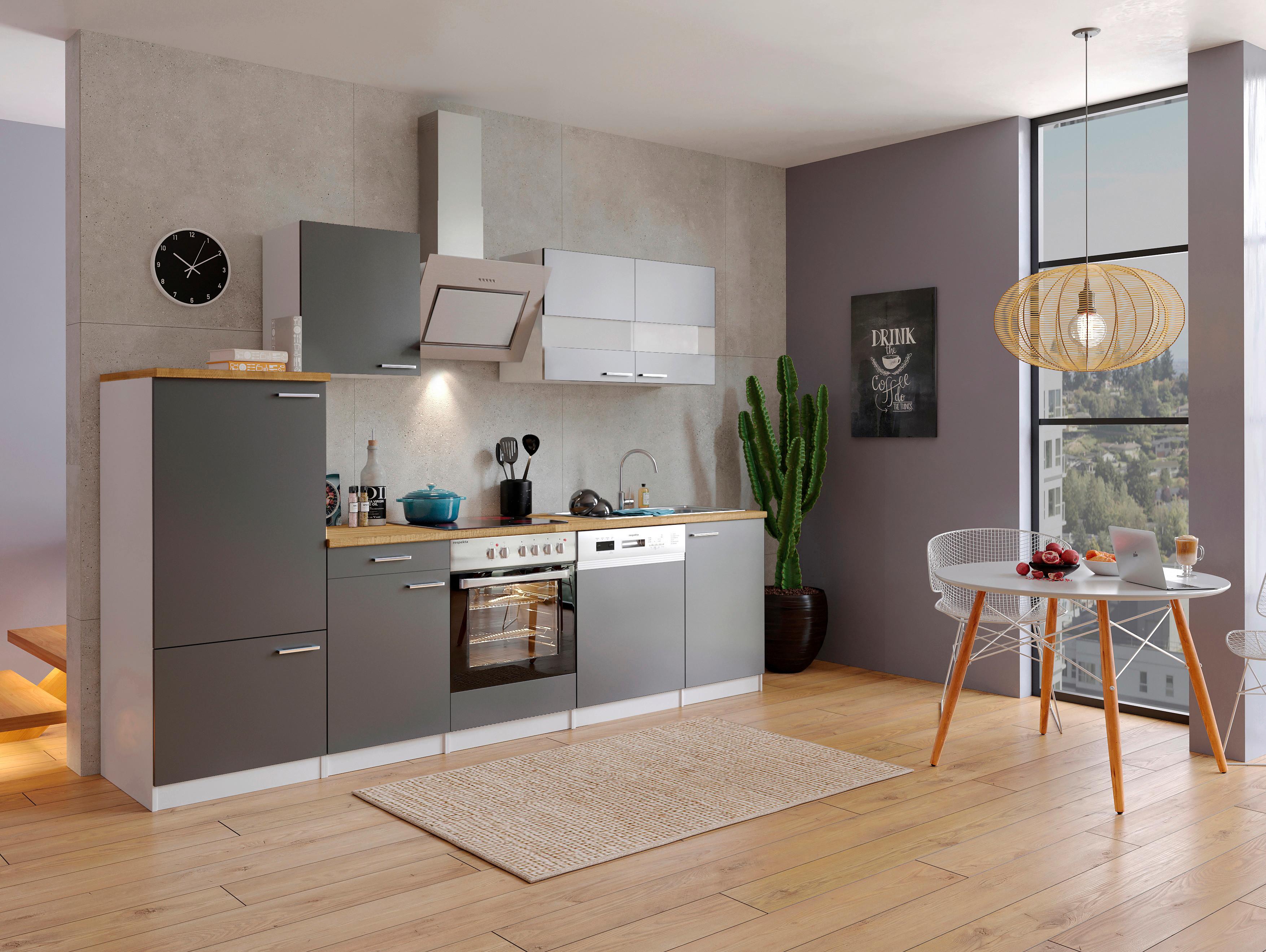 Küchenzeile Economy mit Geräten 280 cm Grau/Nussbaum Dekor - Nussbaumfarben/Weiß, Basics, Holzwerkstoff (280cm) - Respekta
