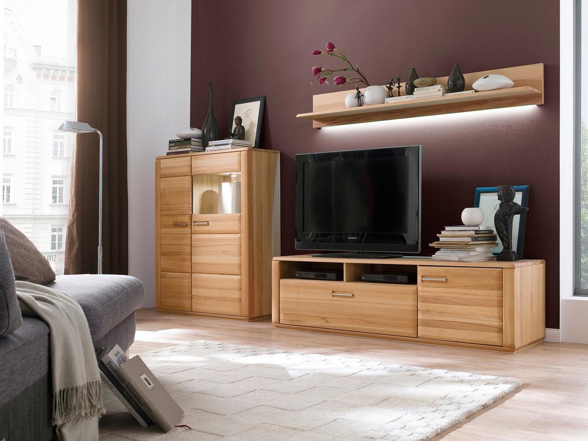Wohnkombination teilmassiv 3--Teilig. Sena Buchefarben - Buchefarben, Design, Glas/Holz (300/176/51cm) - Livetastic