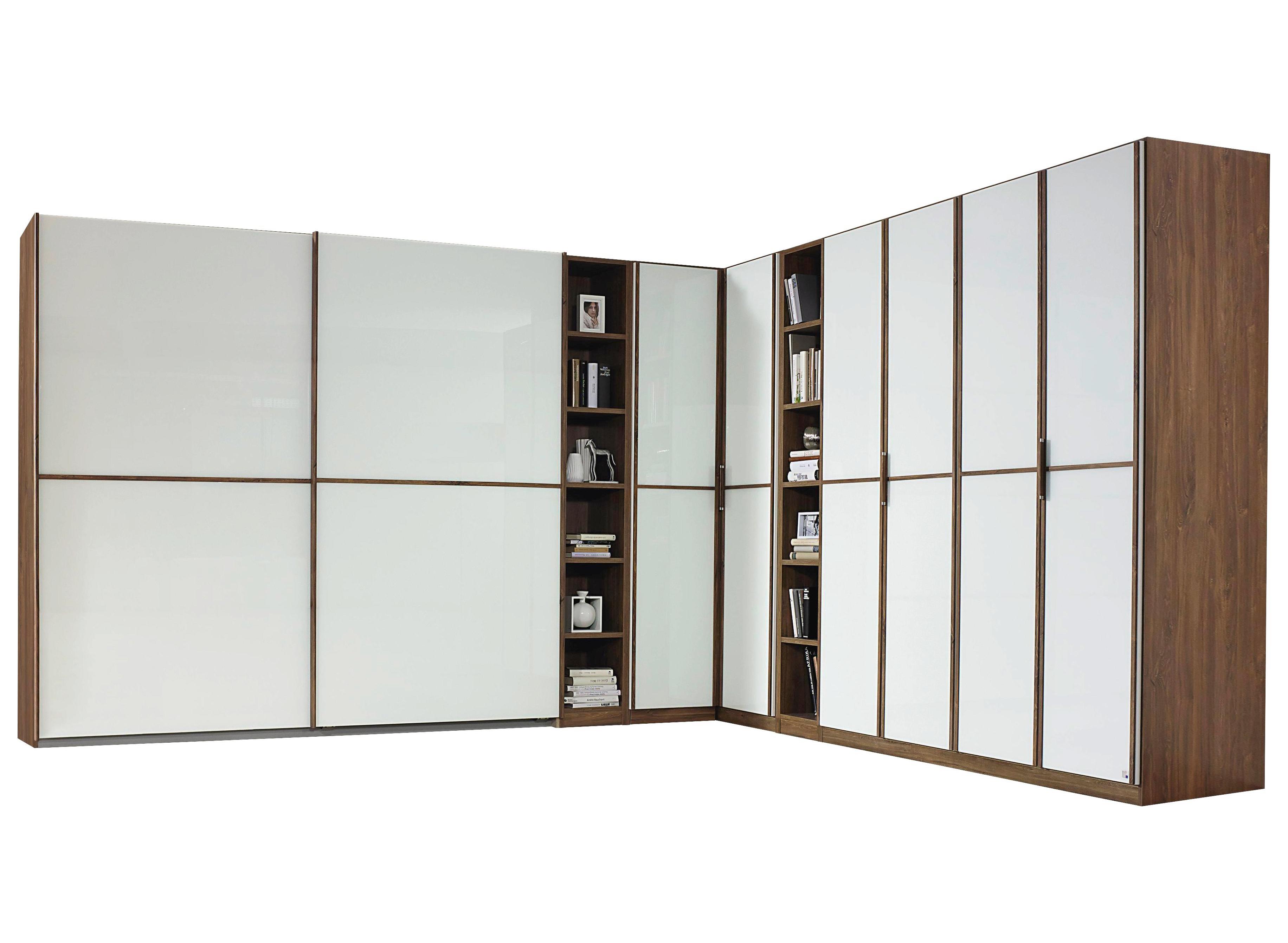 Großer Eck-Kleiderschrank mit weißer Glasfront