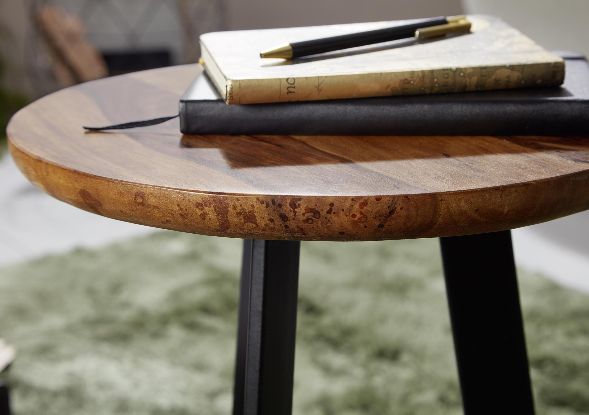 Beistelltisch Rund mit Sheeshamholz und Beinen aus Eisen Detail