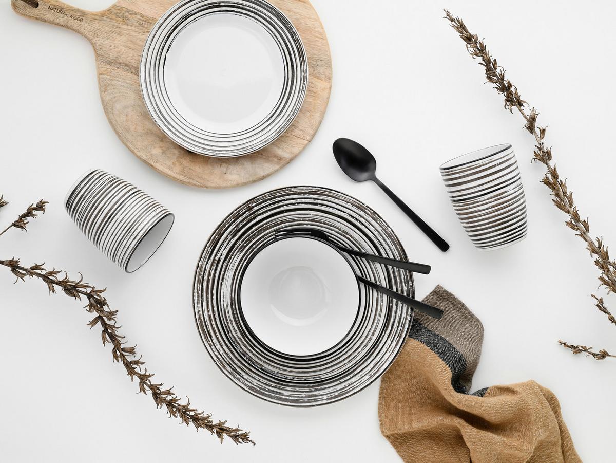 Kombiservice Gomera Keramik 4 Personen Geschirr Set - Schwarz/Weiß, Basics, Keramik - Creatable