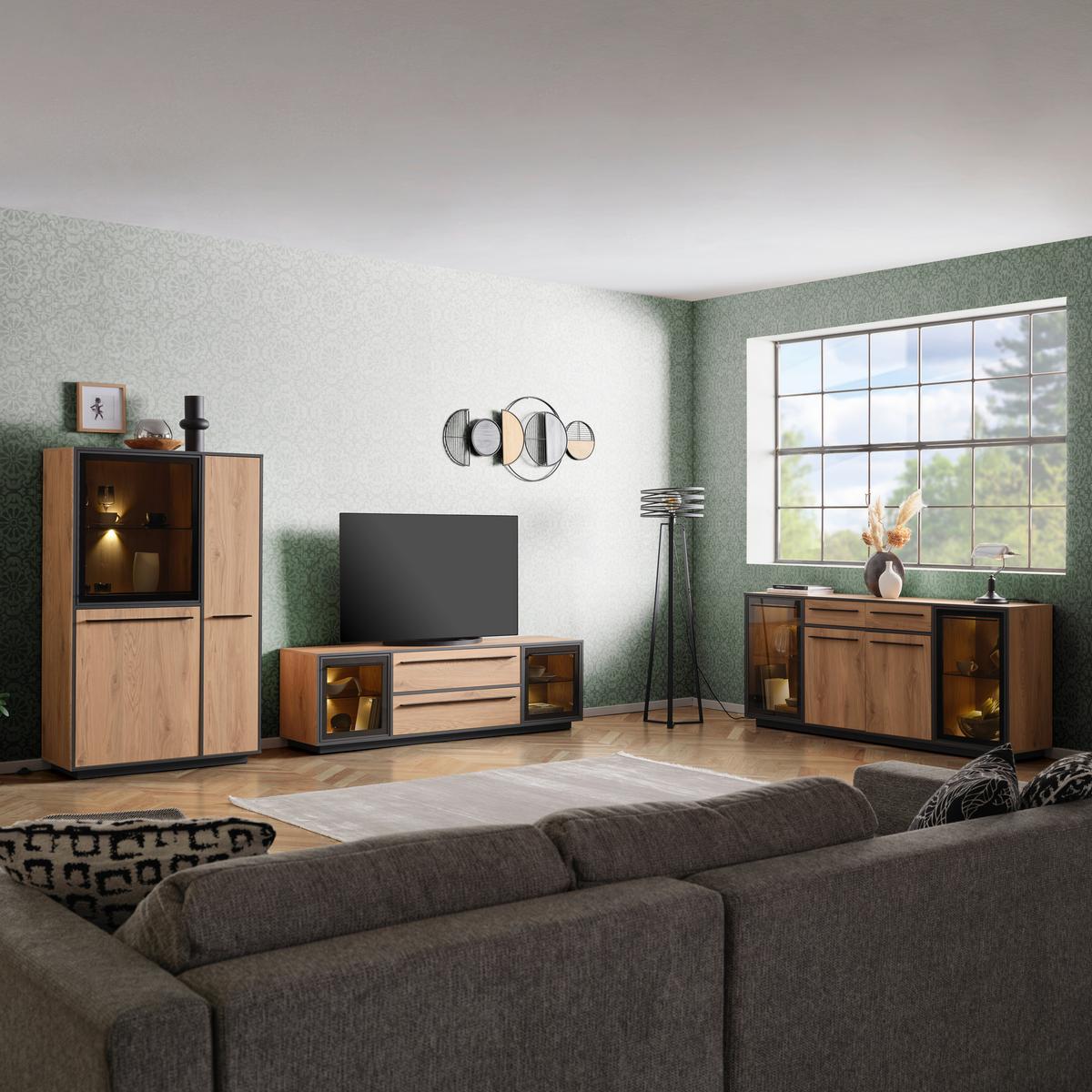 TV-Lowboard Nadiro B: 187 cm Wildeiche Dekor/Schwarz Matt - Eichefarben/Schwarz, Trend, Glas/Holzwerkstoff (187/55/40cm) - Livetastic