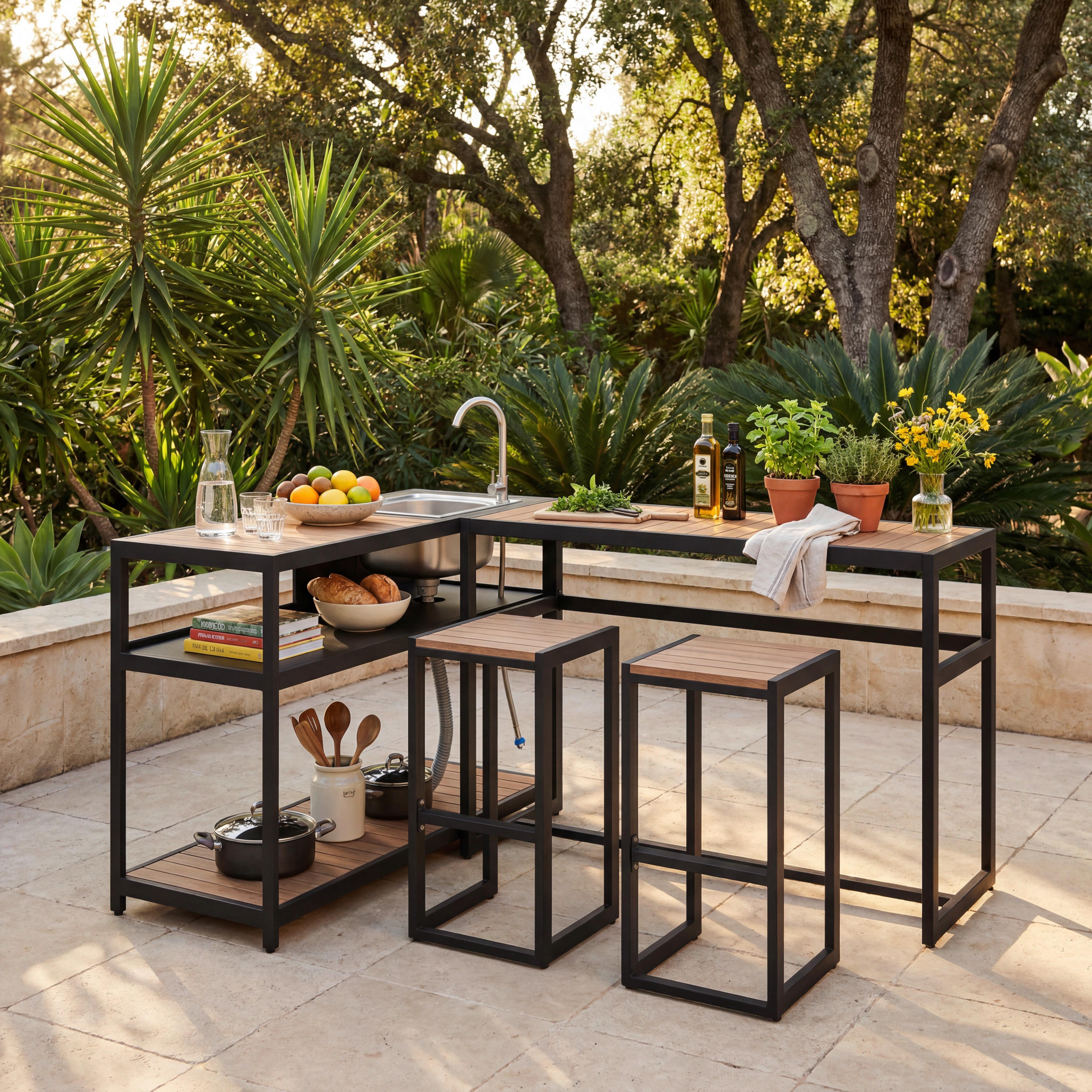 Venkovní zahradní kuchyně DELIA - černá/přírodní barvy, Moderní, kov/plast - Bessagi Garden
