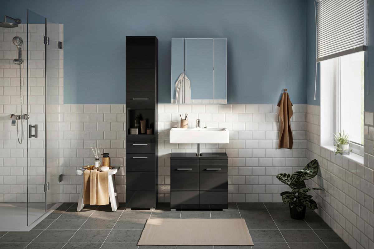 Badezimmer Linus Schwarz Hochglanz B:90cm - Schwarz Hochglanz/Silberfarben, MODERN, Holzwerkstoff (90cm) - MID.YOU