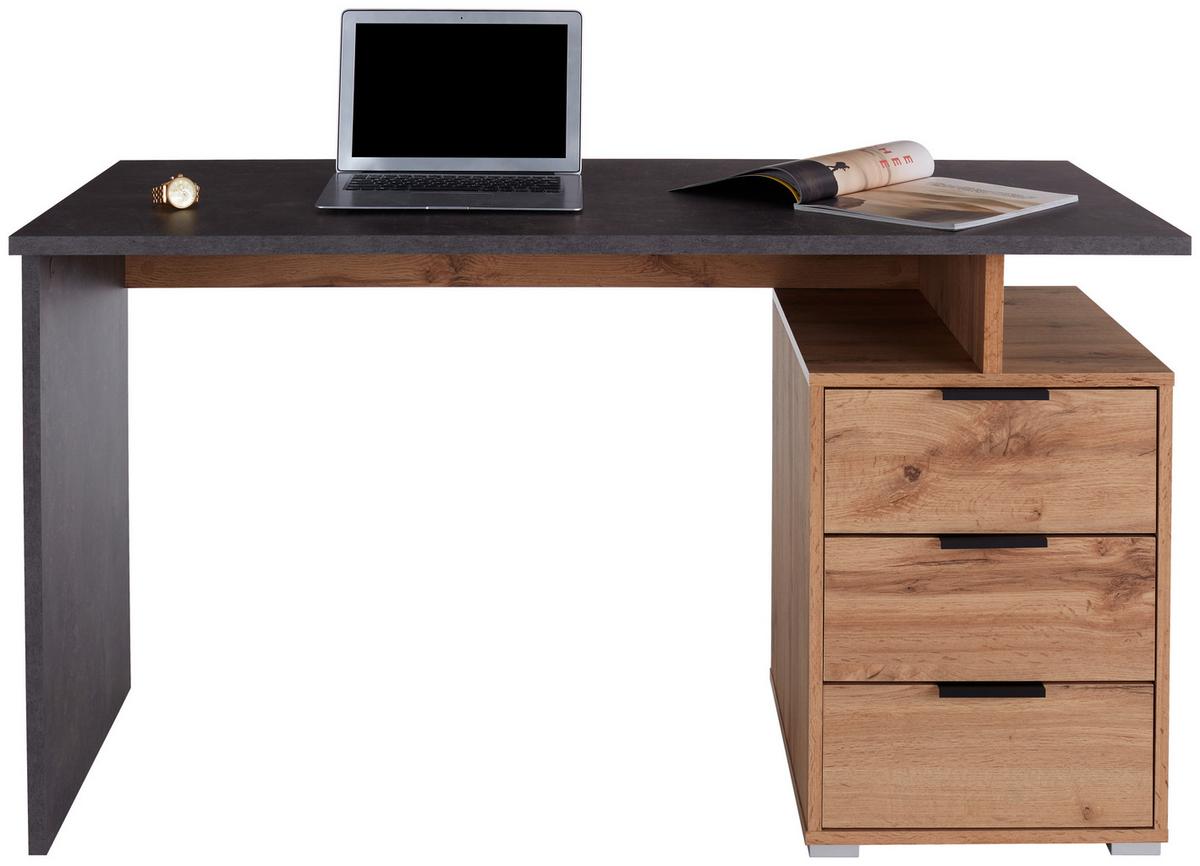 Schreibtisch + Laden B 138cm H 76cm Mx 145 Beton/Eiche Dekor - Eichefarben/Grau, MODERN, Holzwerkstoff (138/76/60cm)