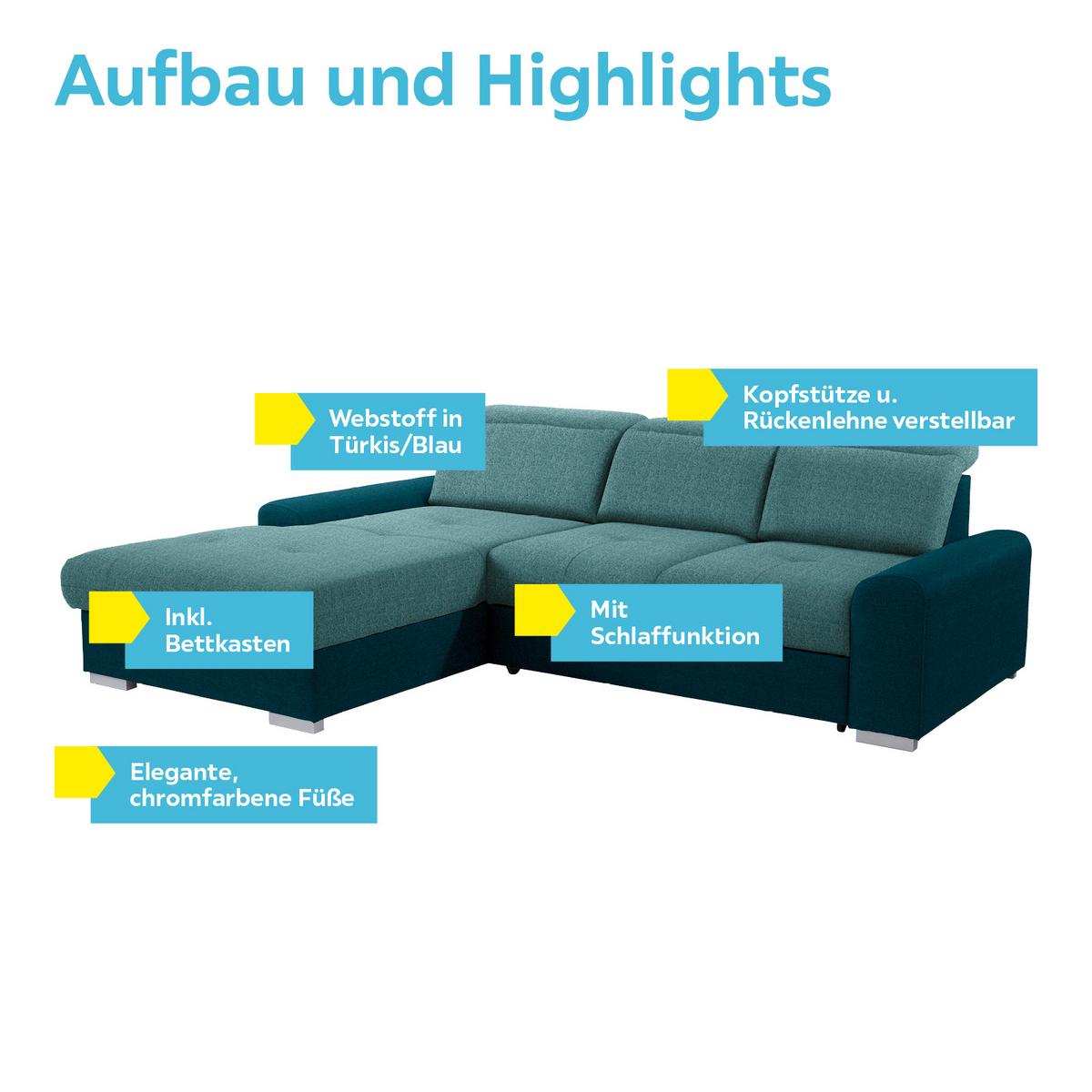 Ecksofa mit Schlaffunktion + Bettkasten Malaga, Webstoff - Türkis/Blau, KONVENTIONELL, Textil (203/286cm) - Ondega