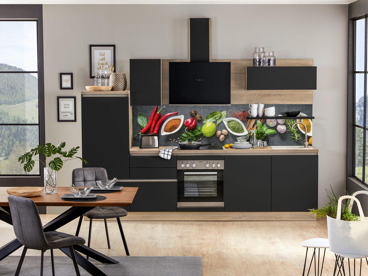 Konyhablokk Moon - fekete/tölgyfa, Design, faalapú anyag (300cm) - Express