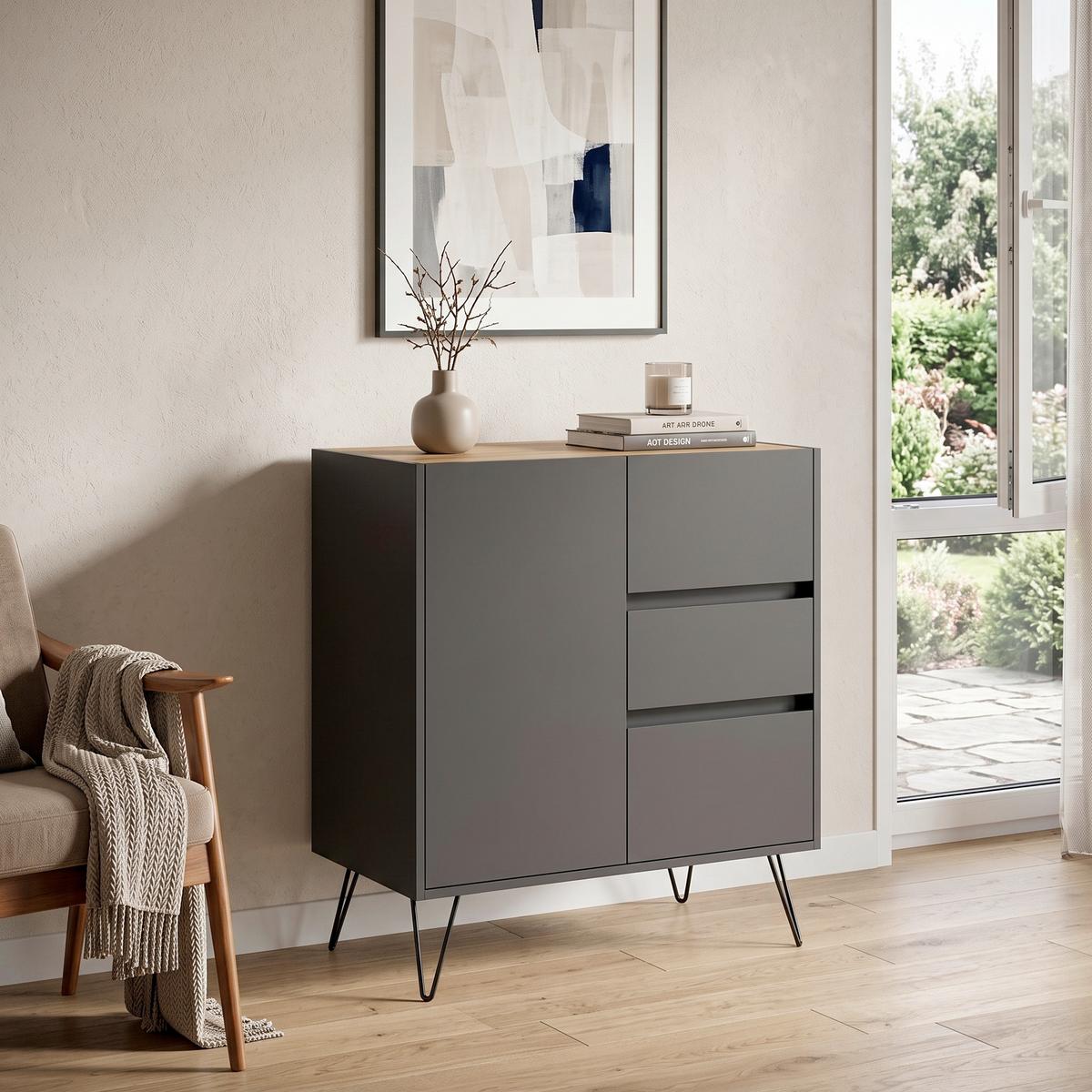 Sideboard Posseik Industrial Graphitfarben/Eichef. B: 76 cm - Eichefarben/Graphitfarben, Design, Holzwerkstoff (76/93,6/42cm) - MID.YOU