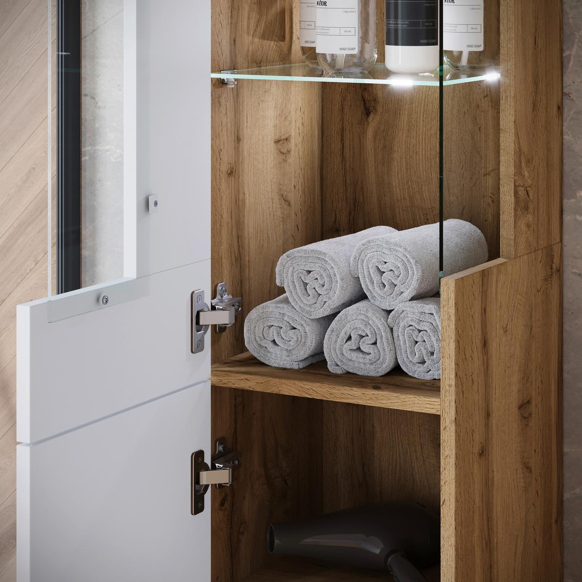 Badezimmer Narobi Eiche Wotan/Weiß B: 120,4 cm - Weiß Hochglanz/Eiche Wotan, Trend, Glas/Keramik (120,4cm) - P & B
