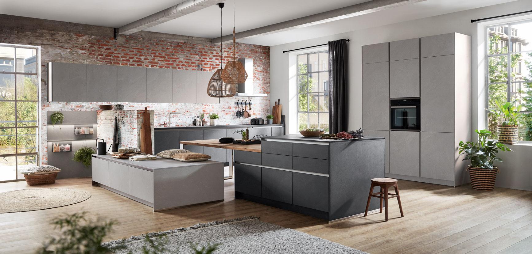 Einbauküche Ston Frei Planbar Modern, Grifflos - Eichefarben/Anthrazit, MODERN, Holzwerkstoff - Vertico