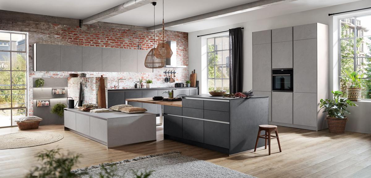 Einbauküche Ston Frei Planbar Modern, Grifflos - Eichefarben/Anthrazit, MODERN, Holzwerkstoff - Vertico