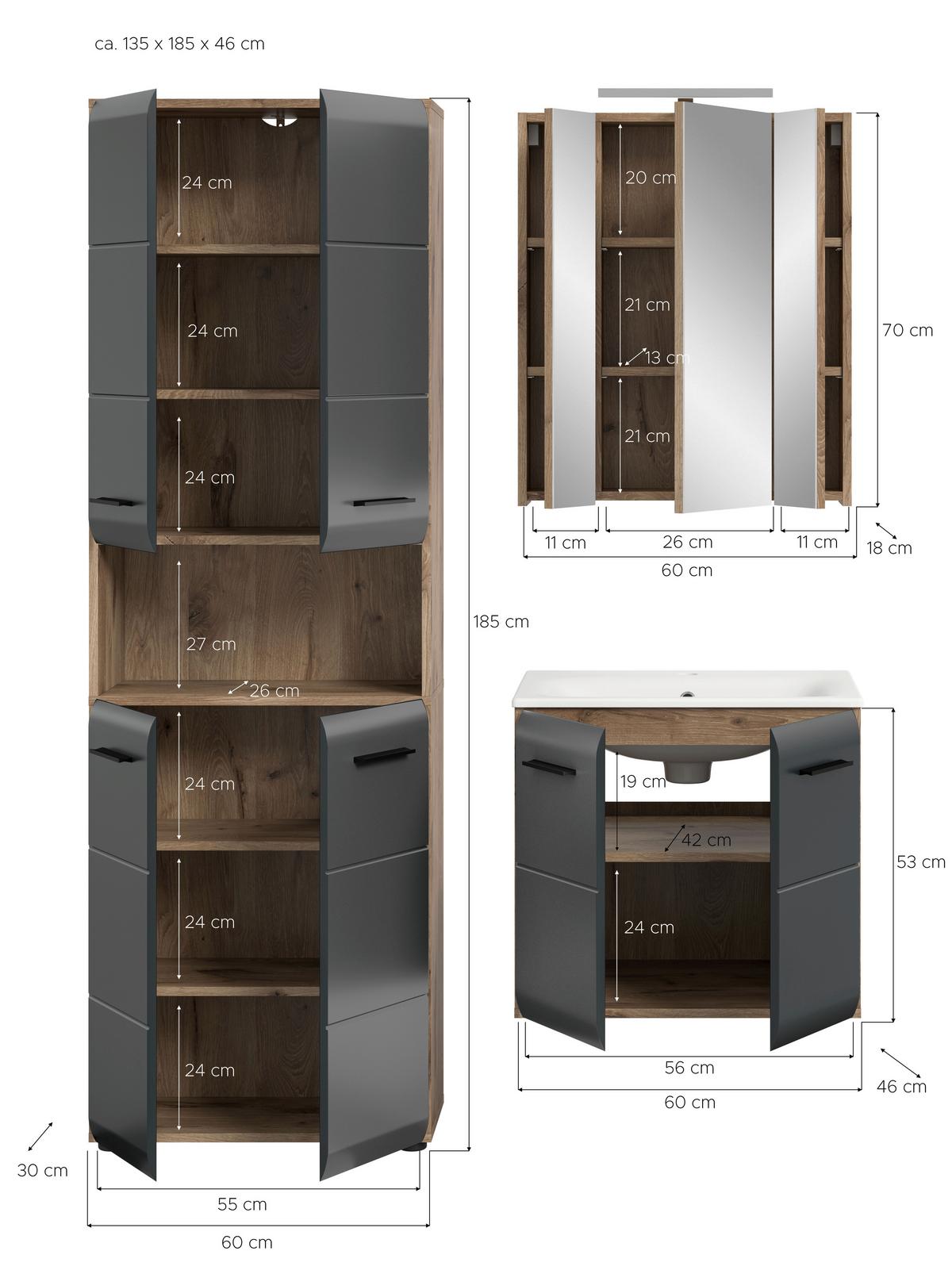 Badezimmer Ice Schwarz/Eiche Dekor B: 120cm - Eiche dunkel/Schwarz, Basics, Keramik/Holzwerkstoff (120cm) - MID.YOU